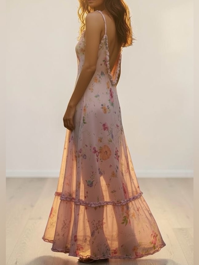 90s Victoriaâs Secret Sheer Pastel Pink Floral Vintage Maxi Gown Slip Dress M